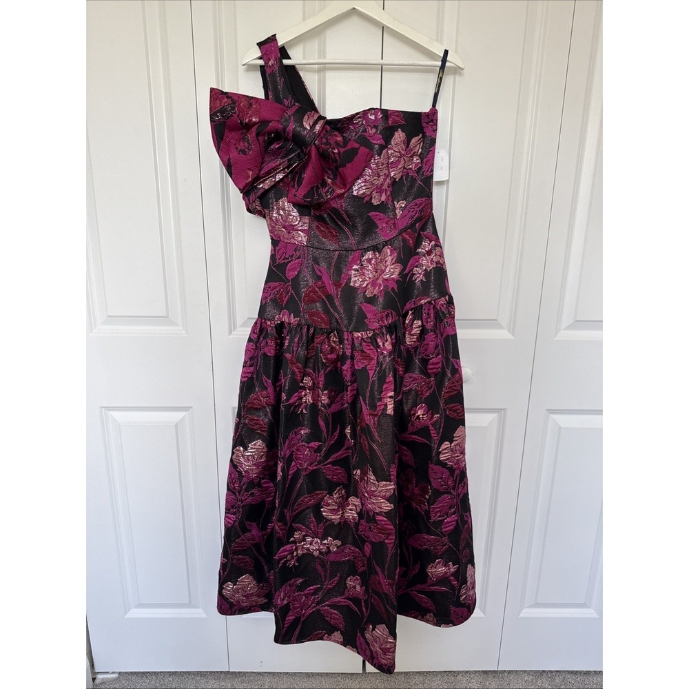 Shoshanna Midnight Lisa Jet Scarlett Long Floral Gown One Shoulder Bow Size 4